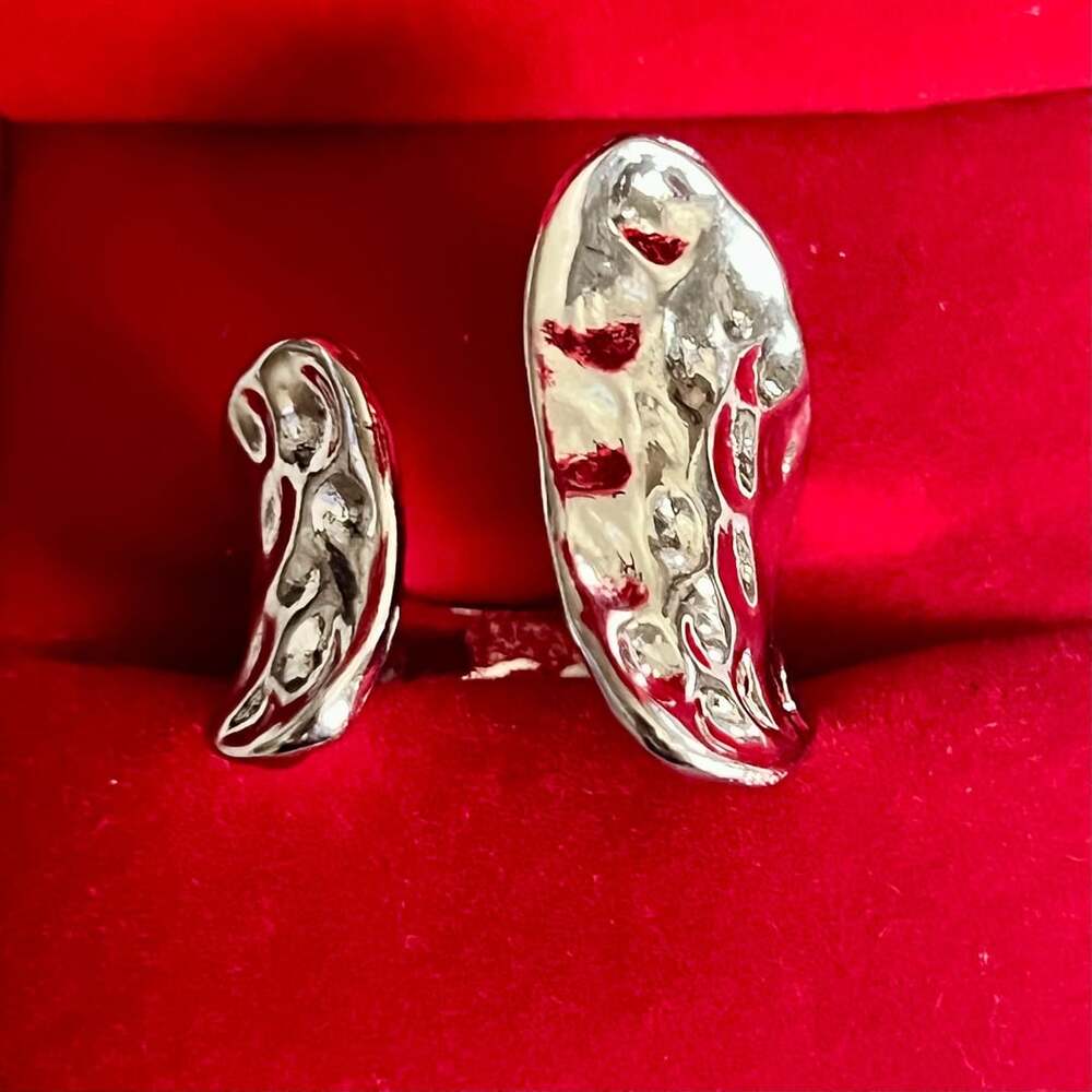 Abstract Organic Hammered Design Titanium Steel Silver Open Ring 6